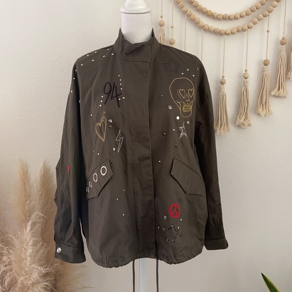 H&M embroidered army jacket green studded embellished parka fall grunge vibes 6 - Picture 6 of 16